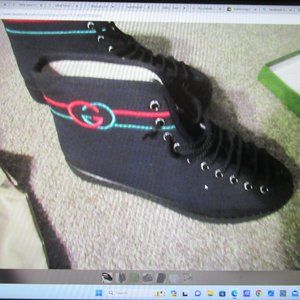GUCCI Black Canvas Leather High Top Sneakers Tennis Shoes Interlocking GG 44 10